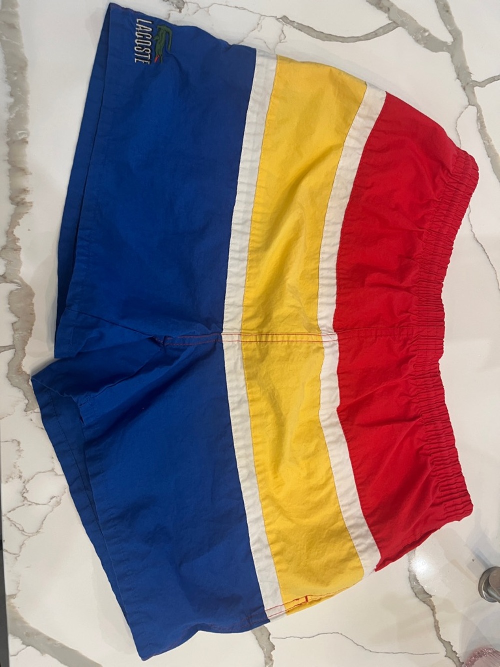 Lacoste Tri-Color Stripe Swim Shorts in Red, Yellow & Blue